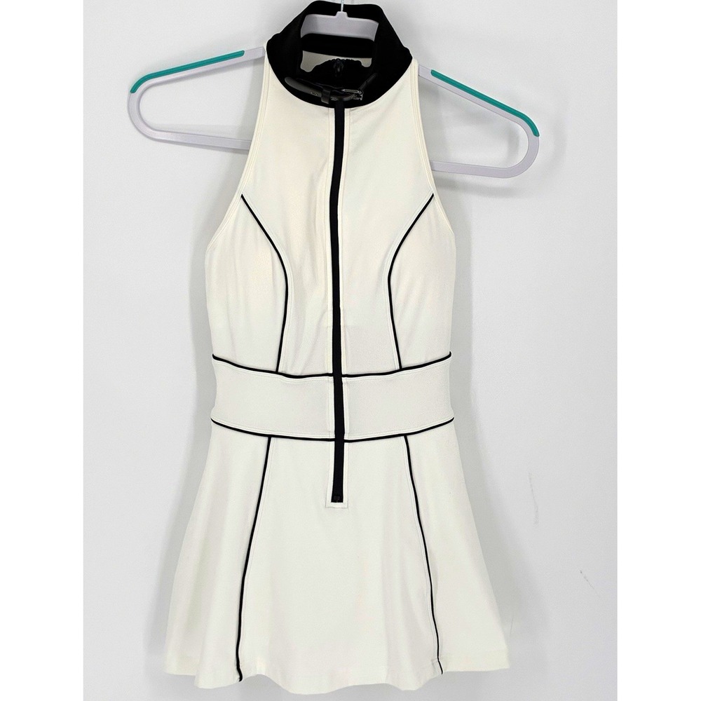WISKII White Black Solid Zip Front High Neck Racerback Tennis Athletic Dress S